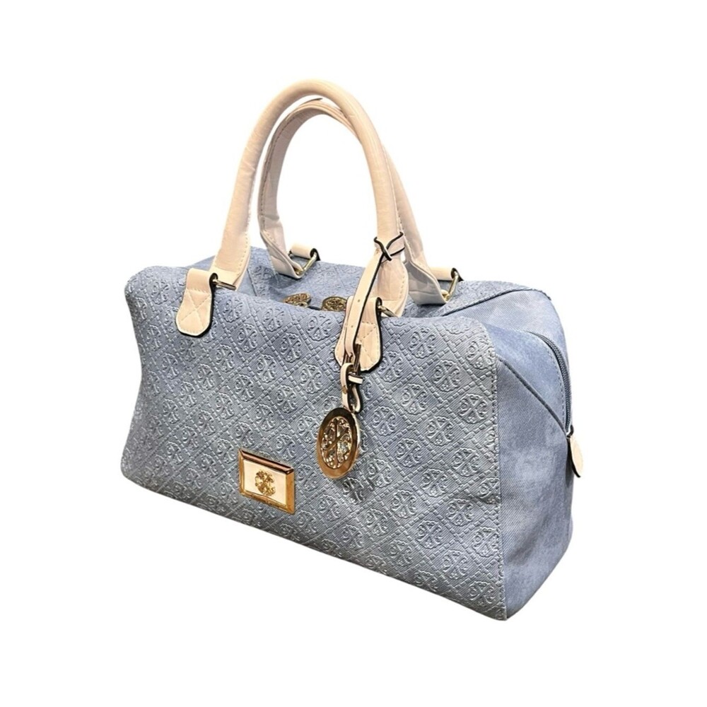 Christian Lacroix Blue Satchel Boston Bag White Handles Denim Tone Large Purse